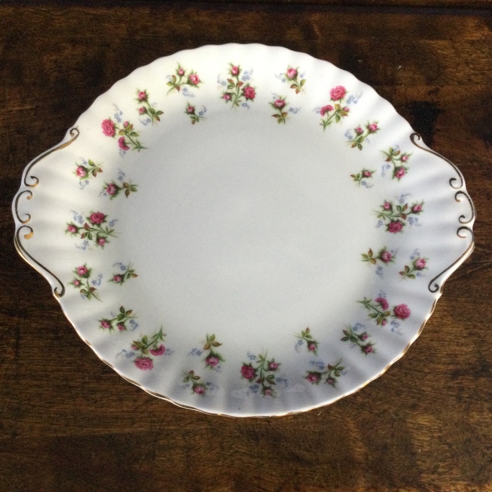 Royal Albert Winsome Handled Cake Platter Pink Roses Gold trim 10"